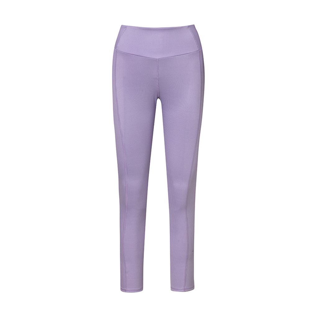 Legging tiro alto con control de abdomen tipo faja en tejido rib color lila  que estilizan la figura